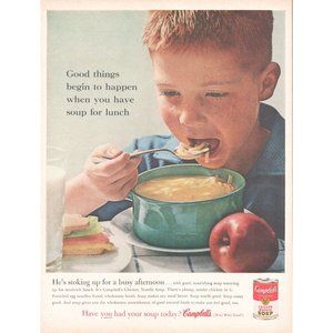1961 Campbell's Chicken Noodle Soup Vintage Print Ad Green Bowl Redhead Freckles